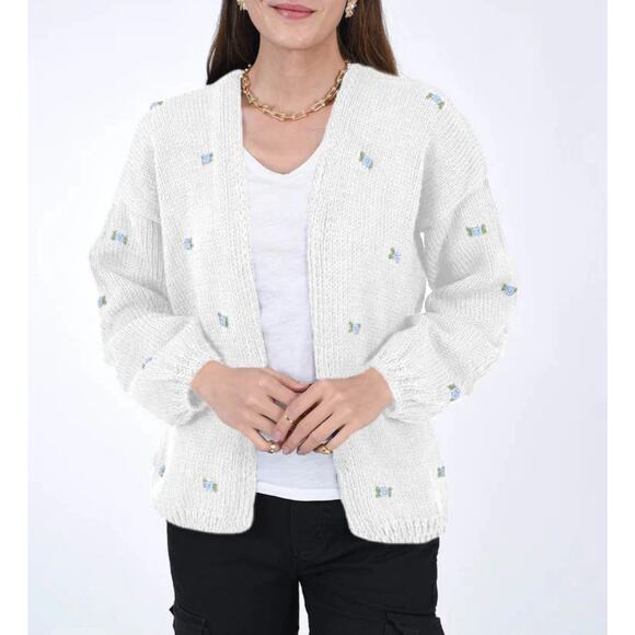 Fanm Mon Winter Bloom Blue Rose Cotton Cardigan Handmade New size XS/S Ivory - Picture 13 of 13